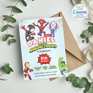 Bewerkbare aquarel uitnodiging voor verjaardagsfeestje Spidey en zijn geweldige vrienden | Sjabloon superheld afdrukbaar | Uitnodiging voor kinderen | Direct downloaden