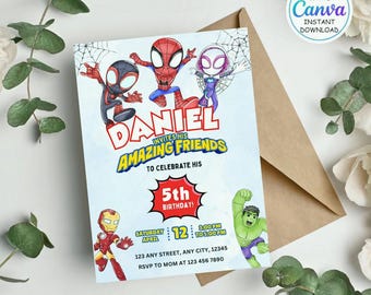 Convite de aniversário editável em aquarela do Homem-Aranha e seus amigos incríveis | Modelo de super-herói para imprimir | Convite infantil | Download instantâneo