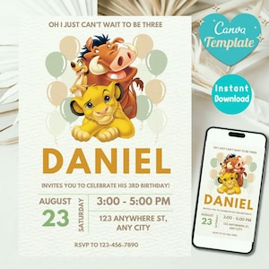 Puede incluir: Una invitación de cumpleaños con un cachorro de león amarillo, un jabalí marrón y un suricato, con globos. La invitación dice "Daniel te invita a celebrar su 3er cumpleaños" con fecha, hora y lugar. También está presente el texto "Canva Template" y "Instant Download".