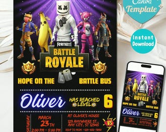 Invitación de cumpleaños de Fort Game, invitación de cumpleaños editable, descarga de plantilla de fiesta de cumpleaños de CANVA, tarjeta de jugador de cumpleaños de videojuego, fiesta de jugador