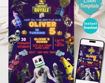 Invitación de cumpleaños de Fort Game, invitación de cumpleaños editable, descarga de plantilla de fiesta de cumpleaños de CANVA, tarjeta de jugador de cumpleaños de videojuego, fiesta de jugador