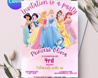 Prinses verjaardag Four-ooit uitnodiging prinses uitnodiging prinses feestuitnodiging meisje prinses uitnodigen goud roze BEWERKBAAR Instant Digitaal