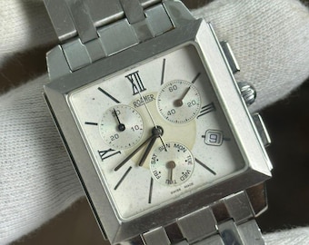 Reloj de pulsera Roamer 517948 suizo con cronógrafo cuadrado / esfera múltiple con día y fecha, de acero inoxidable para hombre.