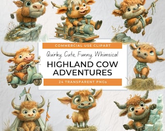 Quirky Cute Highland Cow Adventures Clipart, Cute Highland Cow PNG, Funny Highland Cow Clip Art, Whimsical Highland Cow PNG Digital Download