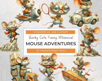 Quirky Mouse Adventures Clip Art, Cute Mouse PNG, Funny Mouse ClipArt, Whimsical Mouse PNG, Watercolor Mouse Clipart, Digital Download