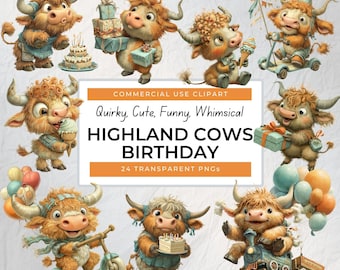 Skurrile Highland Kuh Geburtstag Clipart, süße Highland Kuh PNG, Geburtstag Highland Kuh Clip Art, wunderliche Highland Kuh PNG, digitaler Download
