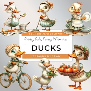 Paquete de 20 patos divertidos y peculiares que cocinan y hornean pasteles de cumpleaños, dibujos animados, descarga digital caprichosa PNG fondo transparente 300 dpi