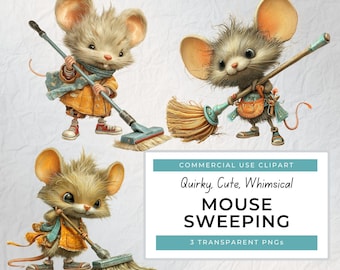 Quirky Mouse Sweeping Clip Art, Cute Mouse PNG, Funny Mouse ClipArt, Whimsical Mouse PNG, Cute Mouse Clipart PNG, Instant Digital Download