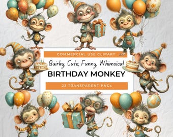 Quirky Cute Funny Birthday Monkey Clip Art, Holding Balloons Birthday Cake Gift Box, Birthday Bundle Cartoon, Whimsical PNG Digital Download