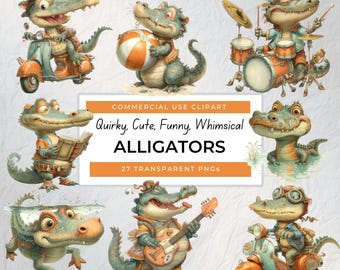 Quirky Alligator Clip Art, Cute Alligator PNG, Alligator Clipart, Alligator Cartoon, Whimsical Alligator, Funny Alligator, Digital Download