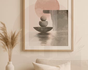 Può includere: Stampa artistica astratta con un design minimalista. L'opera raffigura un sole rosa, una cascata e pietre impilate su una superficie riflettente. La tavolozza dei colori comprende sfumature di rosa, grigio e beige, incorniciata in una cornice di legno chiaro.