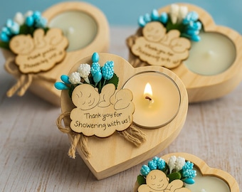 Personalized Baby Shower Candle Favors, Rustic Wood & Floral