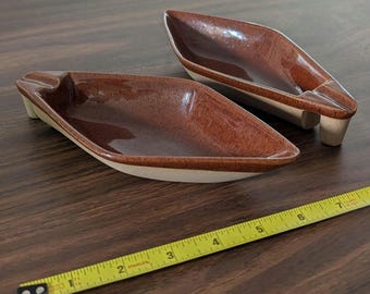 Pair of Vintage Ashtrays Brown Glaze Diamond Shape MCM