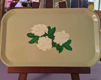 Vintage Sage Green Metal Gardenia Serving Tray - Made in the USA - Tole Style 14" x 8.5"
