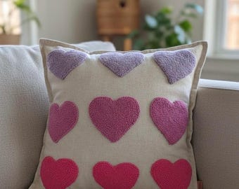 Pink & Purple Heart Cushion – Handmade Punch Needle Pillow for Home Decor
