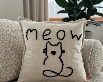 Poszewka na poduszkę "Punch Needle Cat": ręcznie robiona lniana poduszka "Meow"