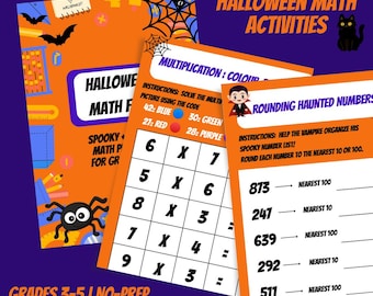May include: Halloween-themed math activity sheets for grades 3-5. The worksheets feature multiplication and rounding problems with spooky graphics, including bats, spiders, and a vampire. The text reads "Halloween Math Activities" and "Print & Go!"