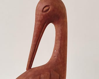 Escultura de cigüeña de madera de mediados de siglo: figura de pájaro tallada a mano