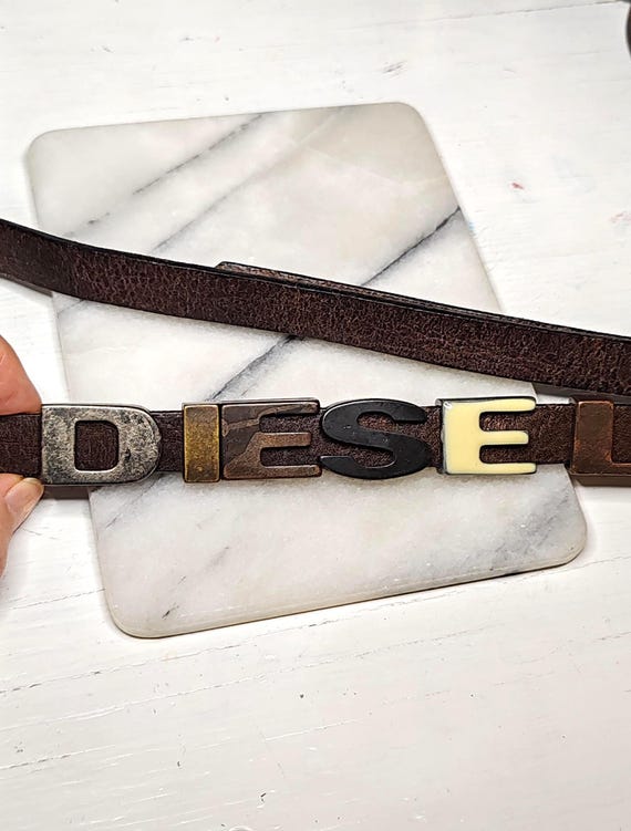 Vintage Y2K Diesel Logo Belt – Brown Leather, Made in Italy (size