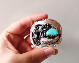 Vintage Eagle Turquoise Belt Buckle – 1970s Western Silver Tone Buckle, Americana Cowboy Statement