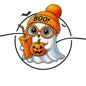 May include: A circular graphic featuring a white ghost wearing an orange beanie with the text BOO! on it. The ghost wears orange circular glasses, holds an orange drink with a straw, and carries a small orange jack-o'-lantern. Two bats fly nearby.
