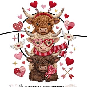 May include: A charming illustration depicts three Highland cows, one atop the other. The top cow has heart-shaped antlers, the middle cow wears heart-shaped glasses and a scarf, and the bottom cow holds a lollipop. Valentine's Day theme.