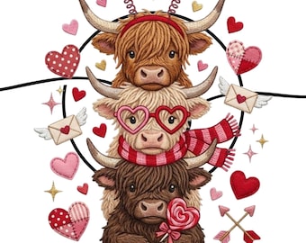Valentine Highland Cow Embroidery Design | Farm Animal Machine Embroidery (8x10 Hoop)