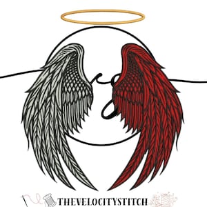 Puede incluir: Diseño gráfico con alas de ángel y demonio, una gris y otra roja, con un halo dorado encima. Las alas presentan patrones de plumas detallados. El texto "THEVELOCITYSTITCH" está en la parte inferior.