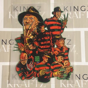 Puede incluir: Un collage de imágenes de Freddy Krueger. La figura central es un hombre con el rostro marcado, que lleva un sombrero fedora y un suéter a rayas rojas y verdes. Tiene garras de metal en una mano. La imagen incluye el texto "Nathan Thomas Milliner 2009".
