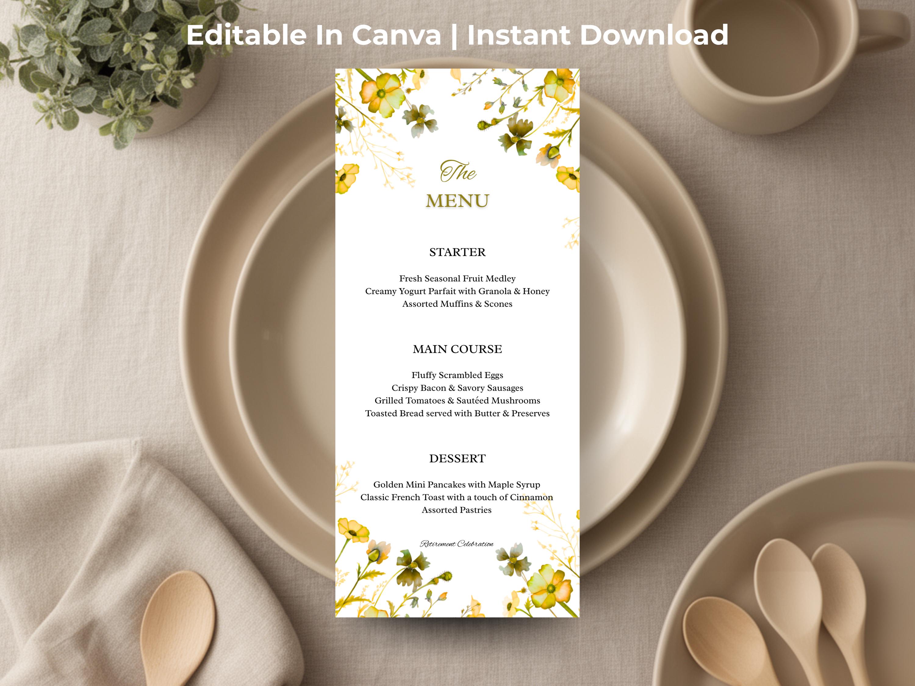 Retirement Menu Yellow Floral Retirement Menu Template | Elegant Retirement Dinner Menu ...