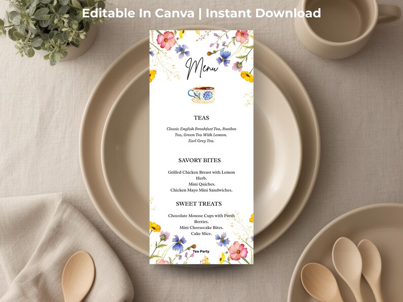 Floral Tea Party Menu Template | Elegant Afternoon Tea Menu Card ...