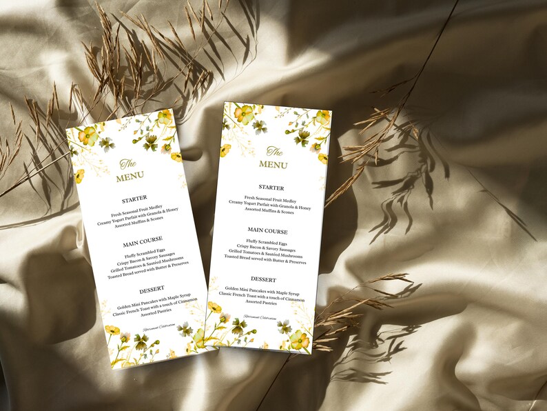 Rectangular Menus Yellow Floral Retirement Menu Template | Elegant Retirement Dinner Menu ...