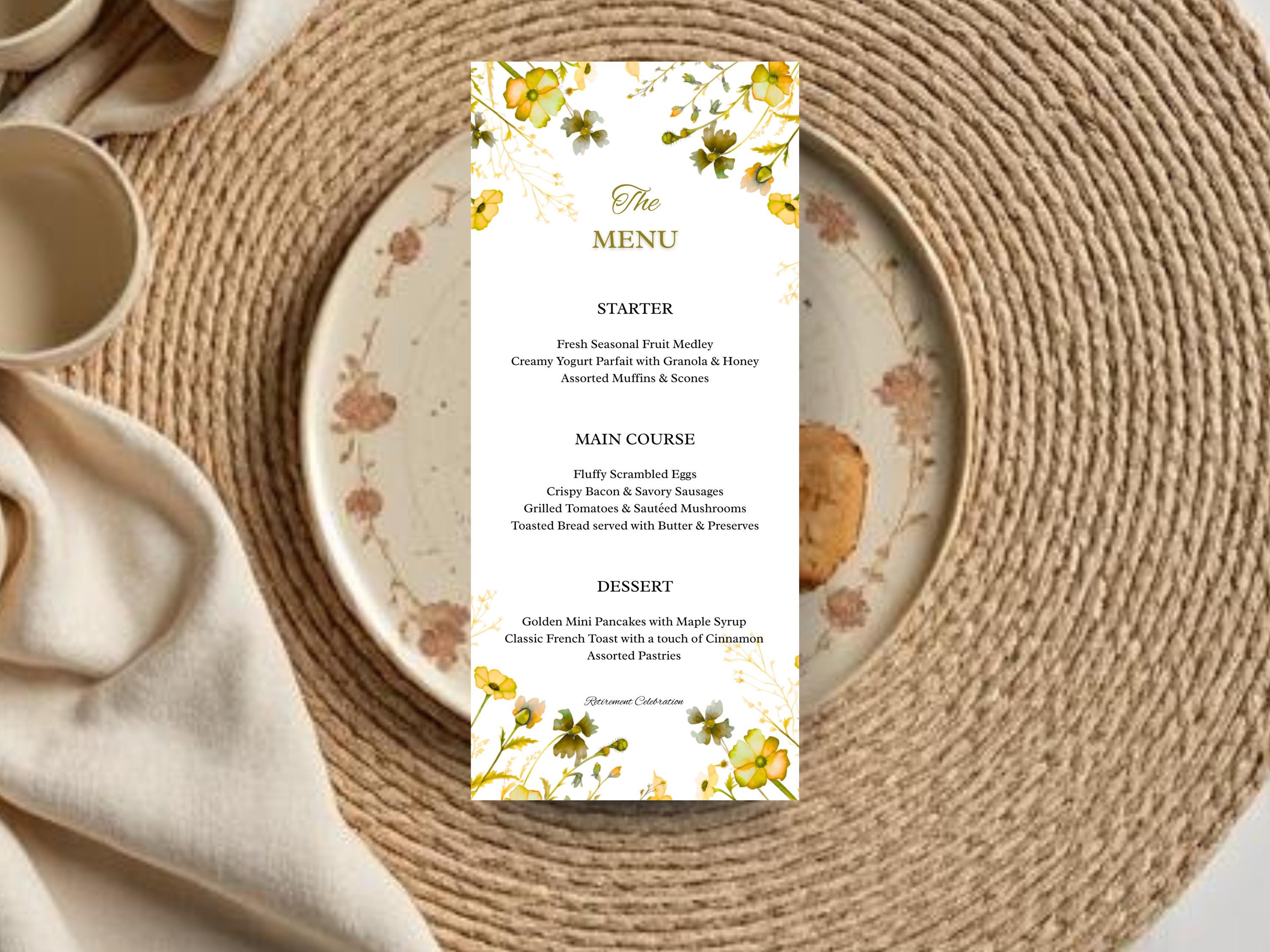 Retirement Menu. Example Yellow Floral Retirement Menu Template | Elegant Retirement Dinner Menu ...