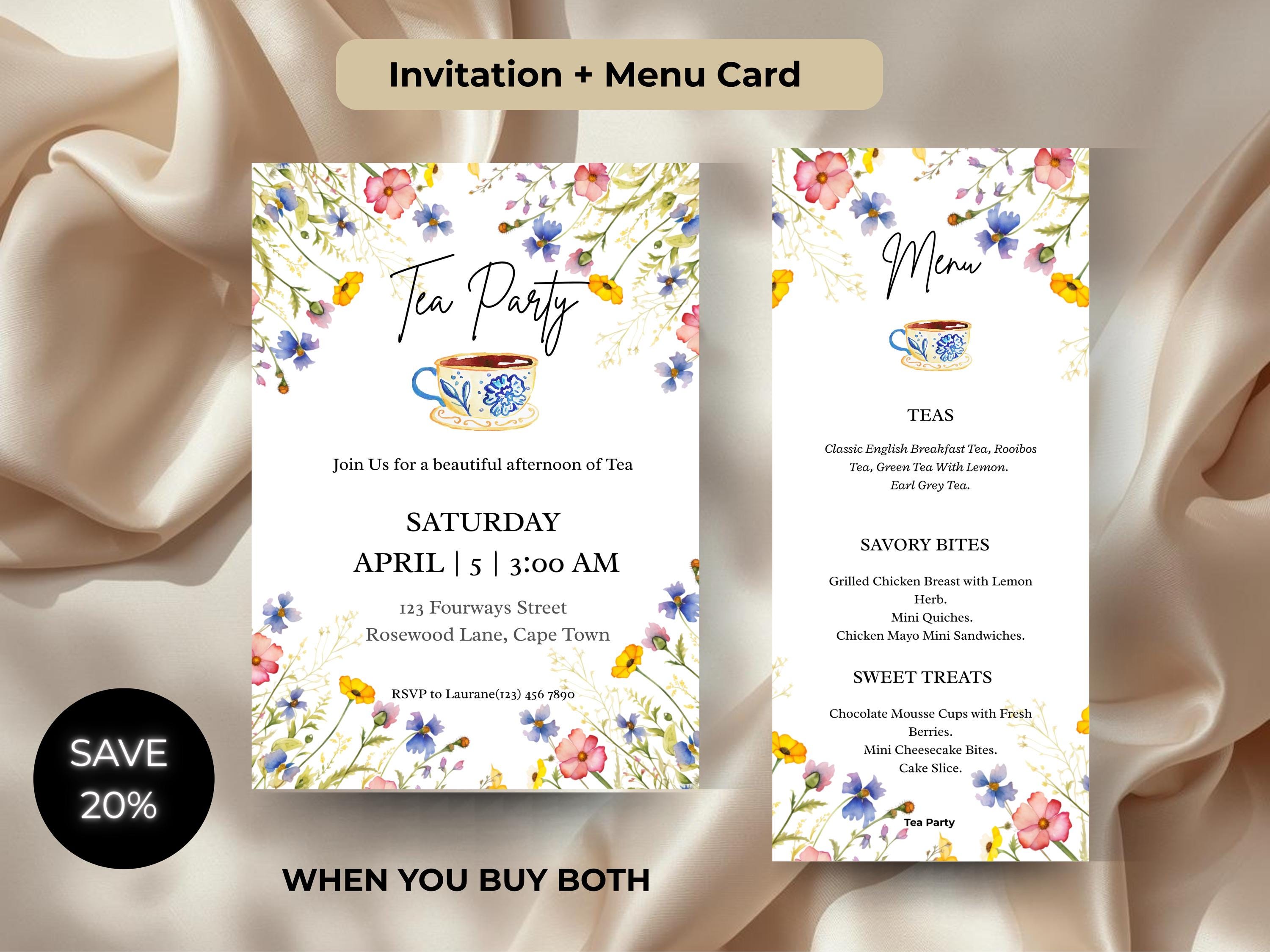 Floral Tea Party Menu Template | Elegant Afternoon Tea Menu Card ...