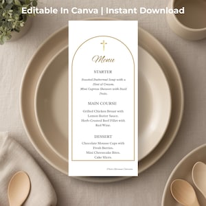 May include: A white menu card with gold accents and a cross design, featuring a menu for a meal. The menu includes starters, main courses, and desserts. The text "Editable In Canva | Instant Download" is at the top.