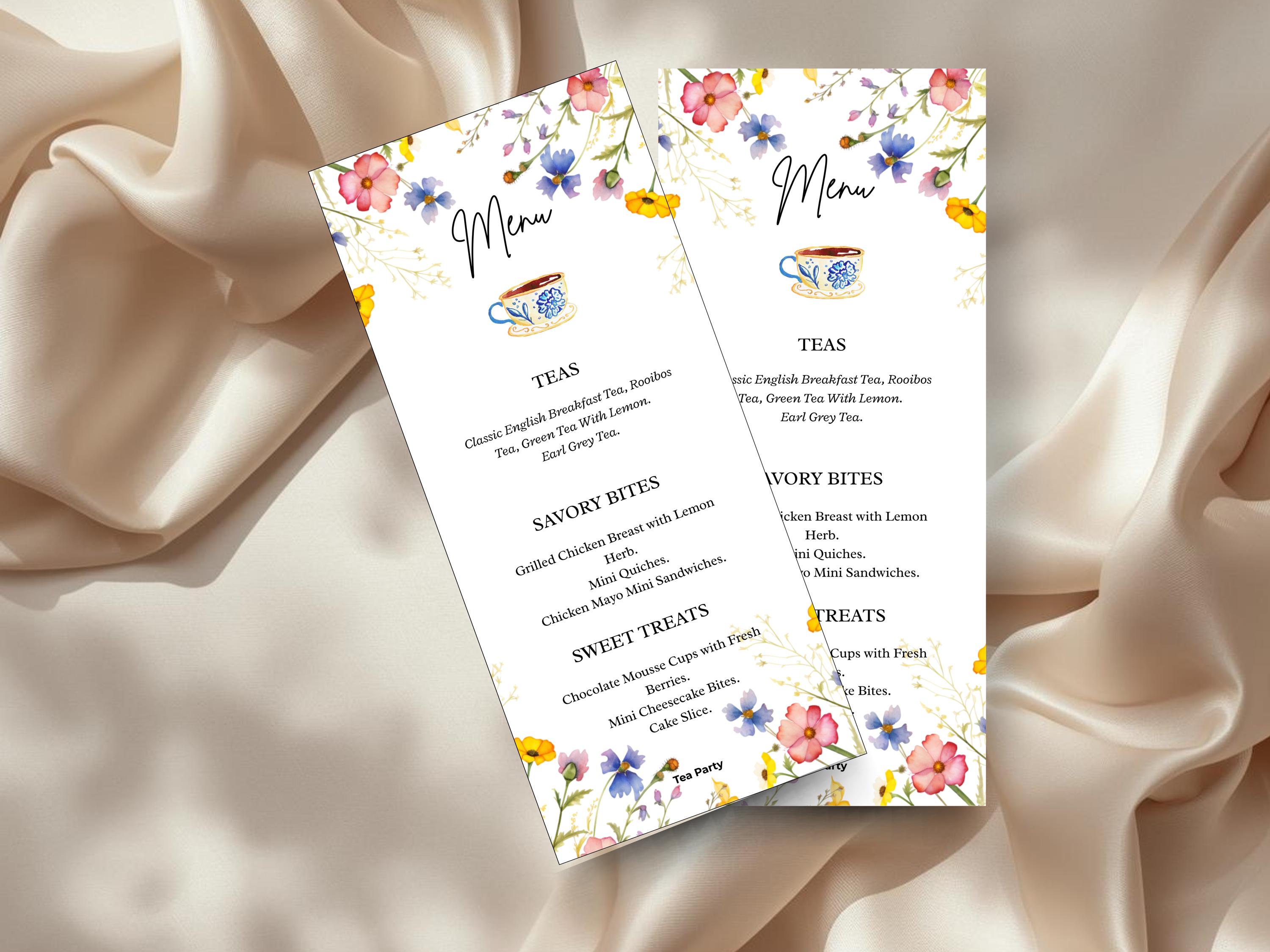 Floral Tea Party Menu Template | Elegant Afternoon Tea Menu Card ...