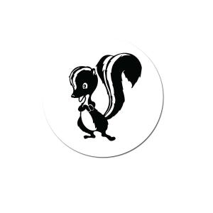 May include: A circular sticker featuring a black and white graphic illustration of a cartoon skunk. The skunk is depicted in a standing position with its arms crossed, a large bushy tail arched behind its back, and a white stripe pattern.