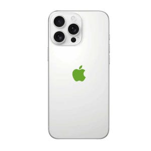 Puede incluir: Un smartphone blanco con un sistema de cámara de triple lente y un logotipo de manzana verde. El teléfono tiene un diseño elegante con esquinas redondeadas y un marco plateado. Las lentes de la cámara están dispuestas en forma cuadrada.