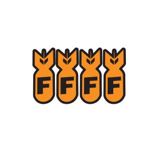 May include: A graphic design featuring four identical orange bomb-shaped icons arranged in a horizontal row. Each orange bomb icon is outlined in black and contains a bold, black capital letter F centered within its main body section.