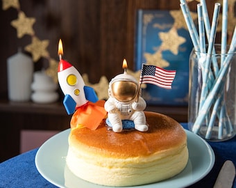 Space Birthday Cake Candle Set, Astronaut and Rocket Cake Topper Fun Candles, Cute Space Theme Novelty Party Favor Decor Gift, Kids Gifts