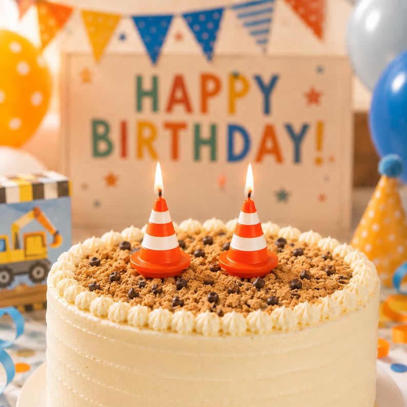 traffic cone candle cake toppers lit on birthday cake, cute construction party decorations for kids birthday celebration, handmade roadwork themed soy wax candles with festive party backdrop