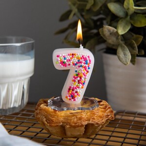 Number 7 birthday candle burning softly, decorated with colorful sprinkles and styled for a festive cake display.