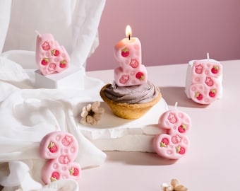 Pink Strawberry Number Candle, Birthday Cake Topper Decor Cute Number Candle, Fruit Themed Party Favors Number Candle, Kids Party Gifts