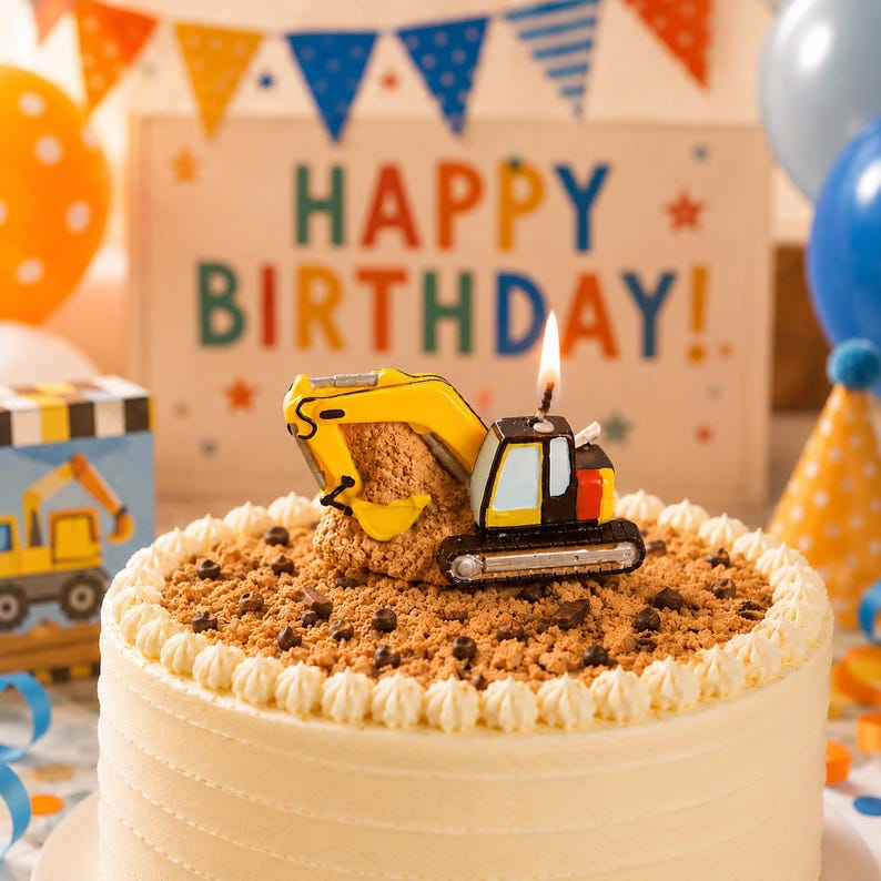 handmade excavator candle cake topper lit on birthday cake, construction themed birthday decor for boys party, heavy equipment soy wax candle for truck loving kids and celebration table styling