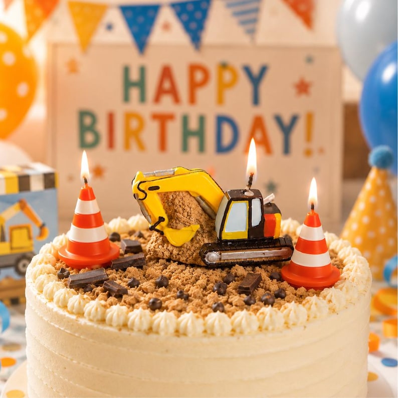Toy excavator candle cake topper and traffic cone candle lit on a birthday cake, handmade soy wax construction themed cake decor for kids birthday parties, heavy equipment celebration candle with construction party backdrop and Happpy Birthday Banner.