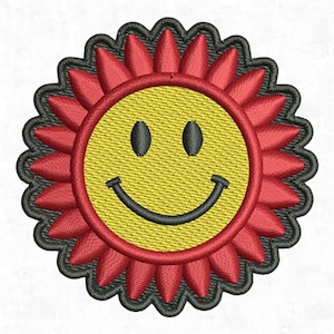 Puede incluir: Parche bordado con un diseño de sol sonriente. El sol tiene una cara amarilla con ojos negros y una boca curvada. Pétalos rojos rodean la cara, con un borde negro festoneado. Para ropa o accesorios.
