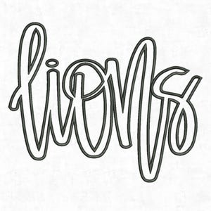 May include: Black outlined cursive text spelling "lions" on a white background. The word is in a handwritten style with a playful, decorative font. The letters are connected and slightly tilted.