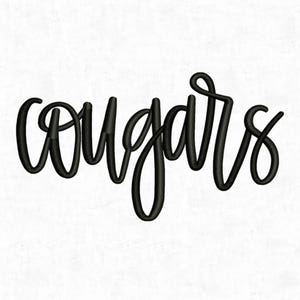 May include: Black cursive text that reads "Cougars" on a white background. The word is in a flowing script style, with the letters connected. The image is simple and clean, with a focus on the word.