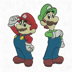 Puede incluir: Imagen bordada de Mario y Luigi, personajes icónicos de videojuegos. Mario, con gorra roja y peto, se protege los ojos. Luigi, con gorra verde y peto, está a su lado. Ambos tienen bigote y guantes blancos.