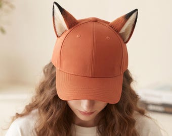 Fox Ear Baseball Cap, Handmade Wool Cotton Adjustable Hat, Kawaii Faux Fur Cosplay Costume, Streetwear Unisex Gift, Festival Couple Outfit